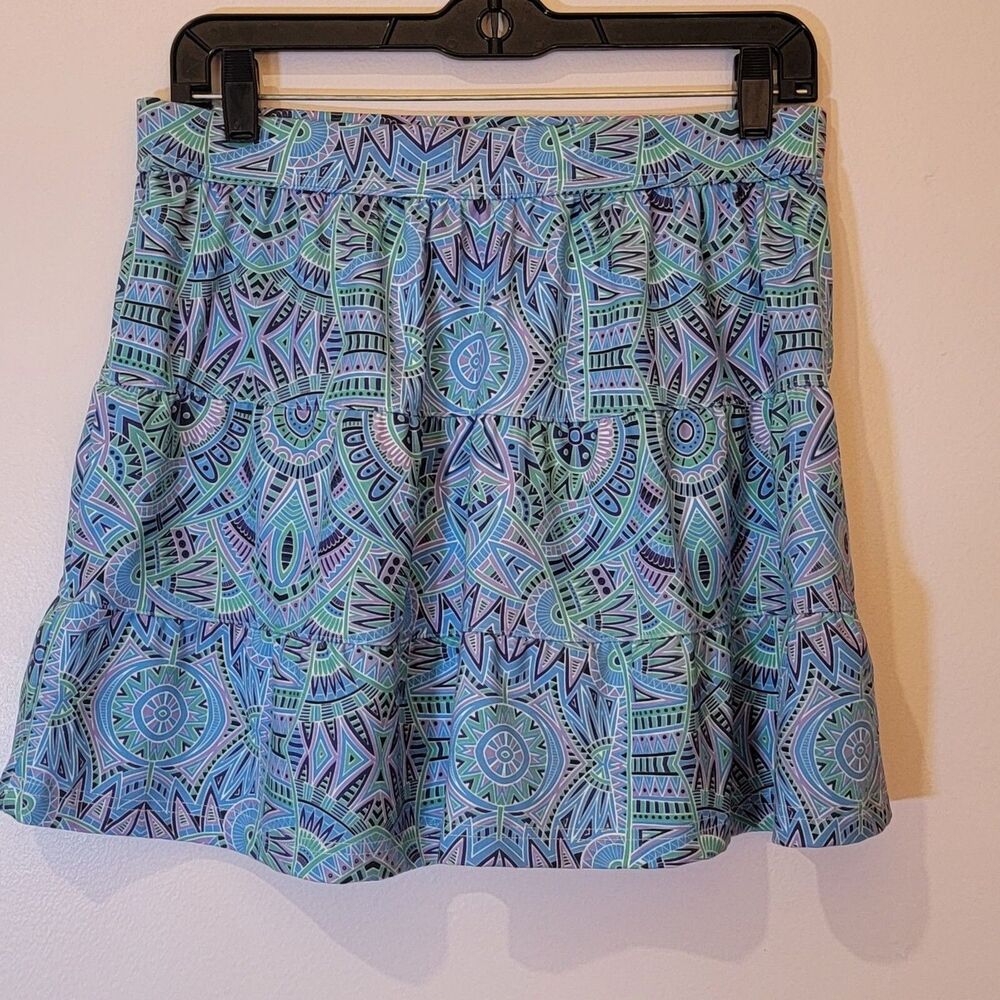 Tehama Blue Aztec Print 3 Tier Short Skirt Stretch Size Medium